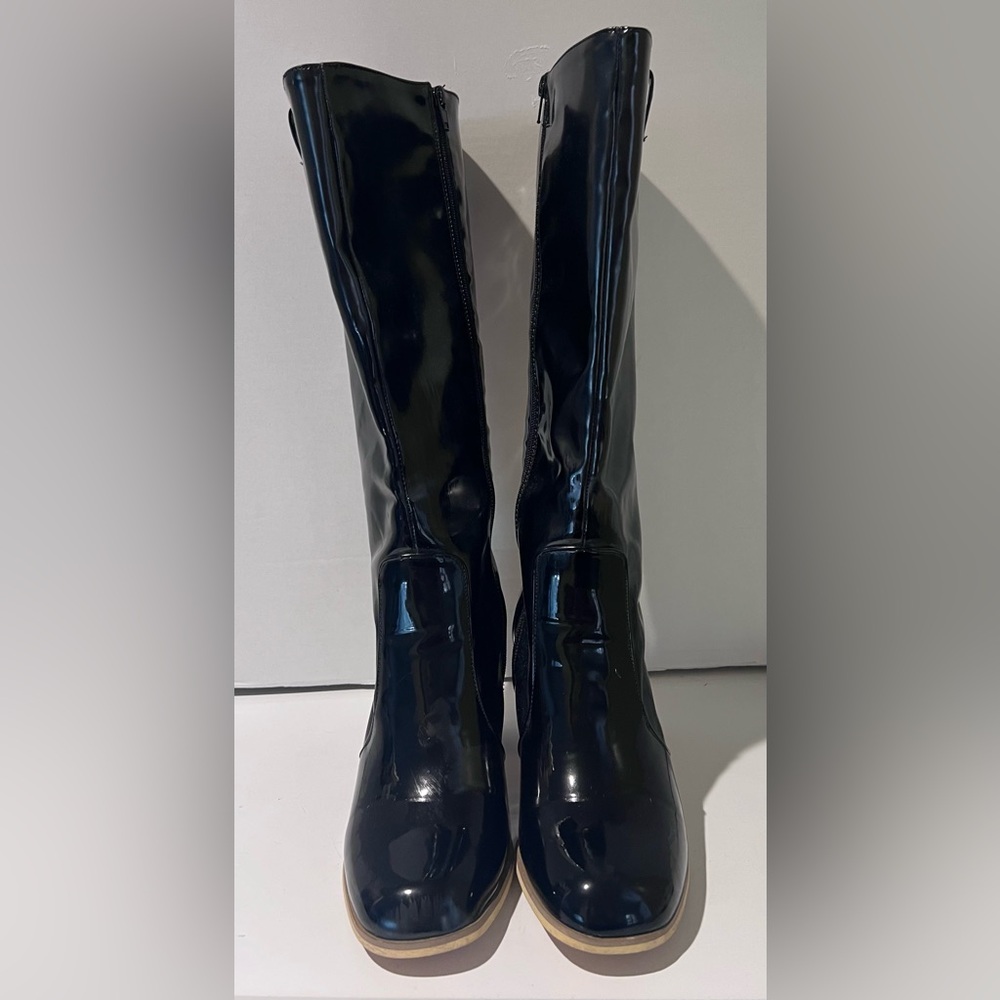 Leila Stone Vegan Black Patent Leather Cynira Knee-High Boots Block Heel Size 10 - Picture 5 of 12